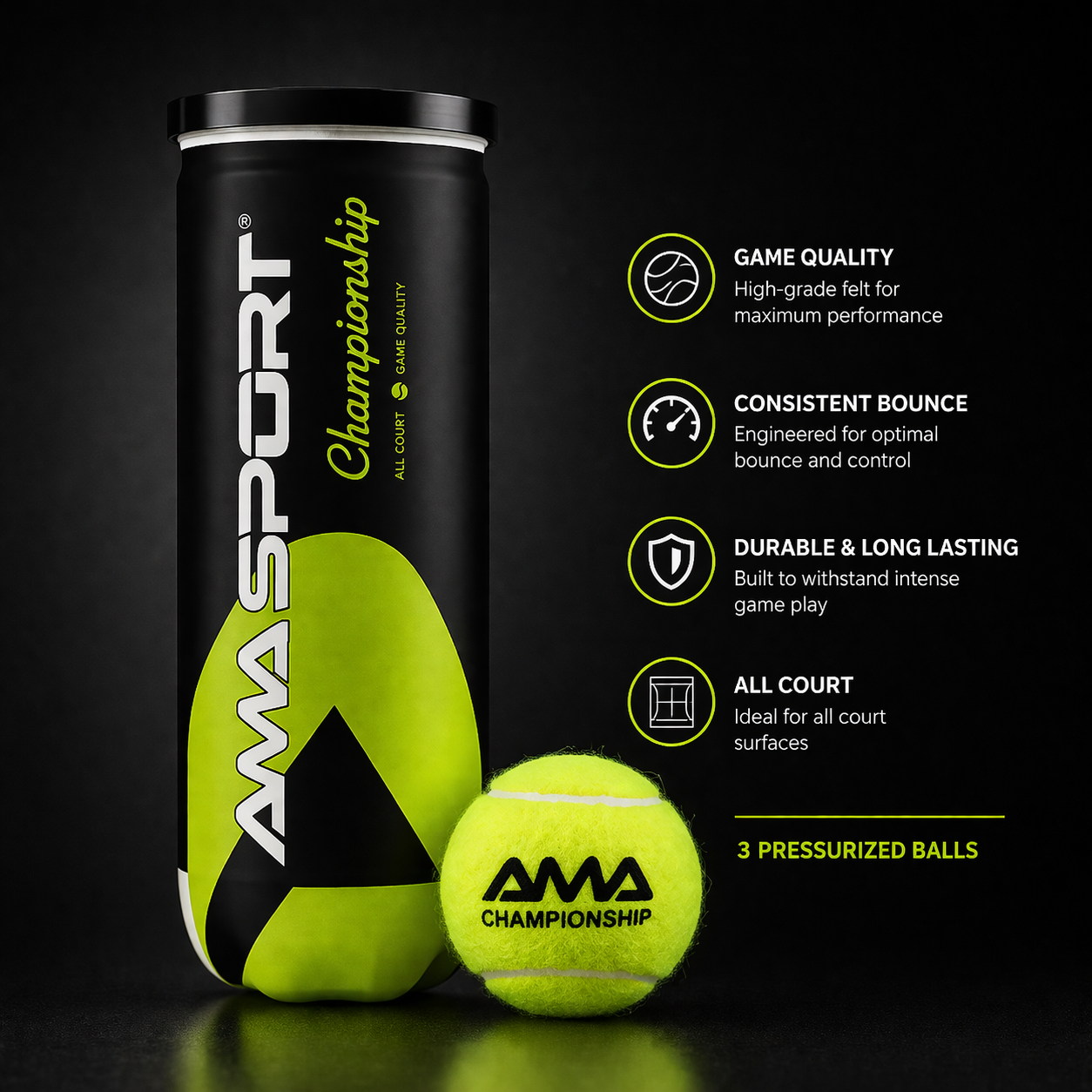 AMA Sport pro Padel Balls — Pressurised | 3-Ball Tube | Pro · Championship ·