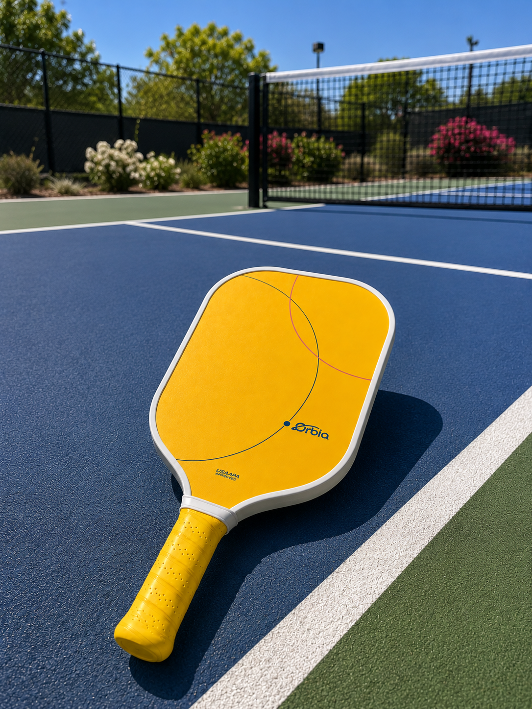 Yellow pickleball paddle on a blue pickleball court with trees in the background